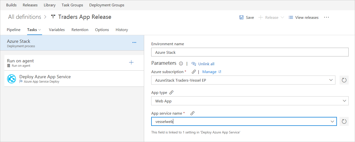 Definir o nome do aplicativo Web do Azure Stack Hub nos Serviços de DevOps do Azure