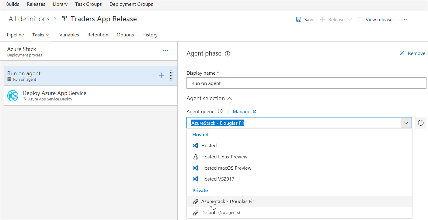 Selecione o agente do Azure Stack Hub nos Serviços de DevOps do Azure