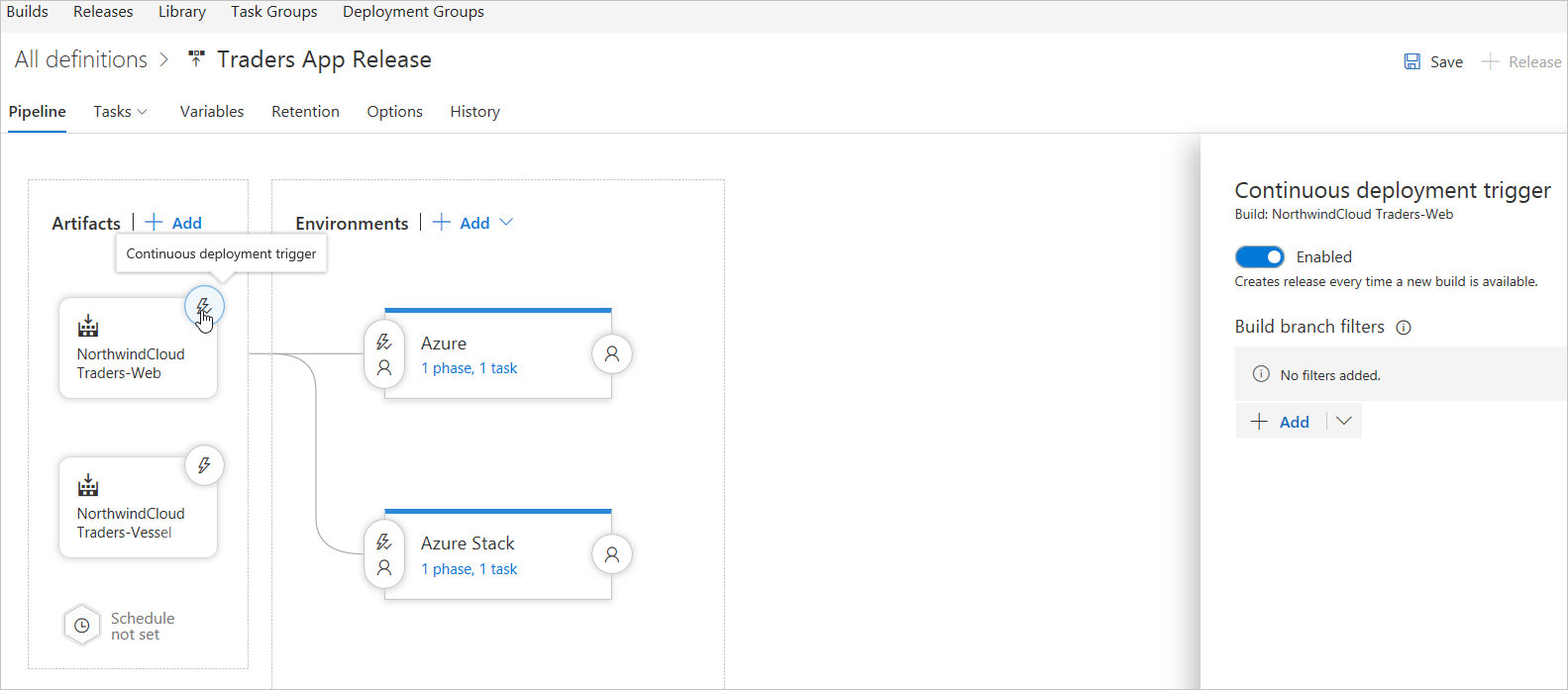 Selecionar gatilho de implantação contínua nos Serviços de DevOps do Azure