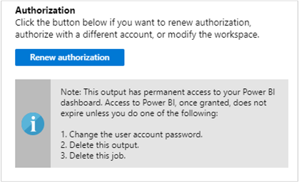 Captura de ecrã que mostra o pedido de autorização de renovação no Power BI.