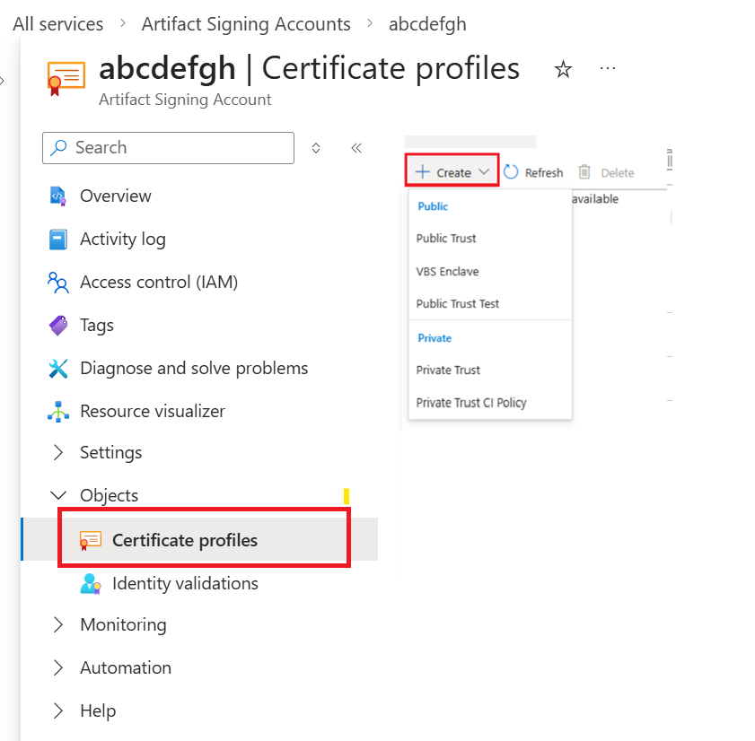 Captura de ecrã que mostra os tipos de perfis de certificados de assinatura de artefactos disponíveis para seleção.