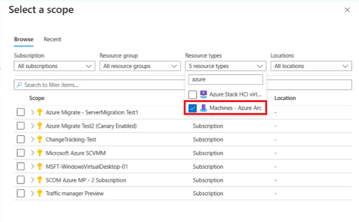 Captura de tela mostrando a seleção de máquinas habilitadas para Arc no escopo.