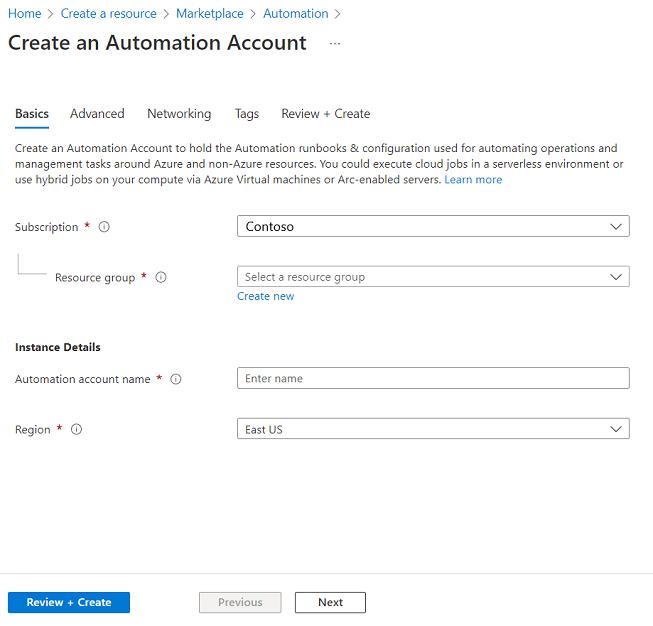 Screenshot showing required fields for creating the Automation account on Basics tab.
