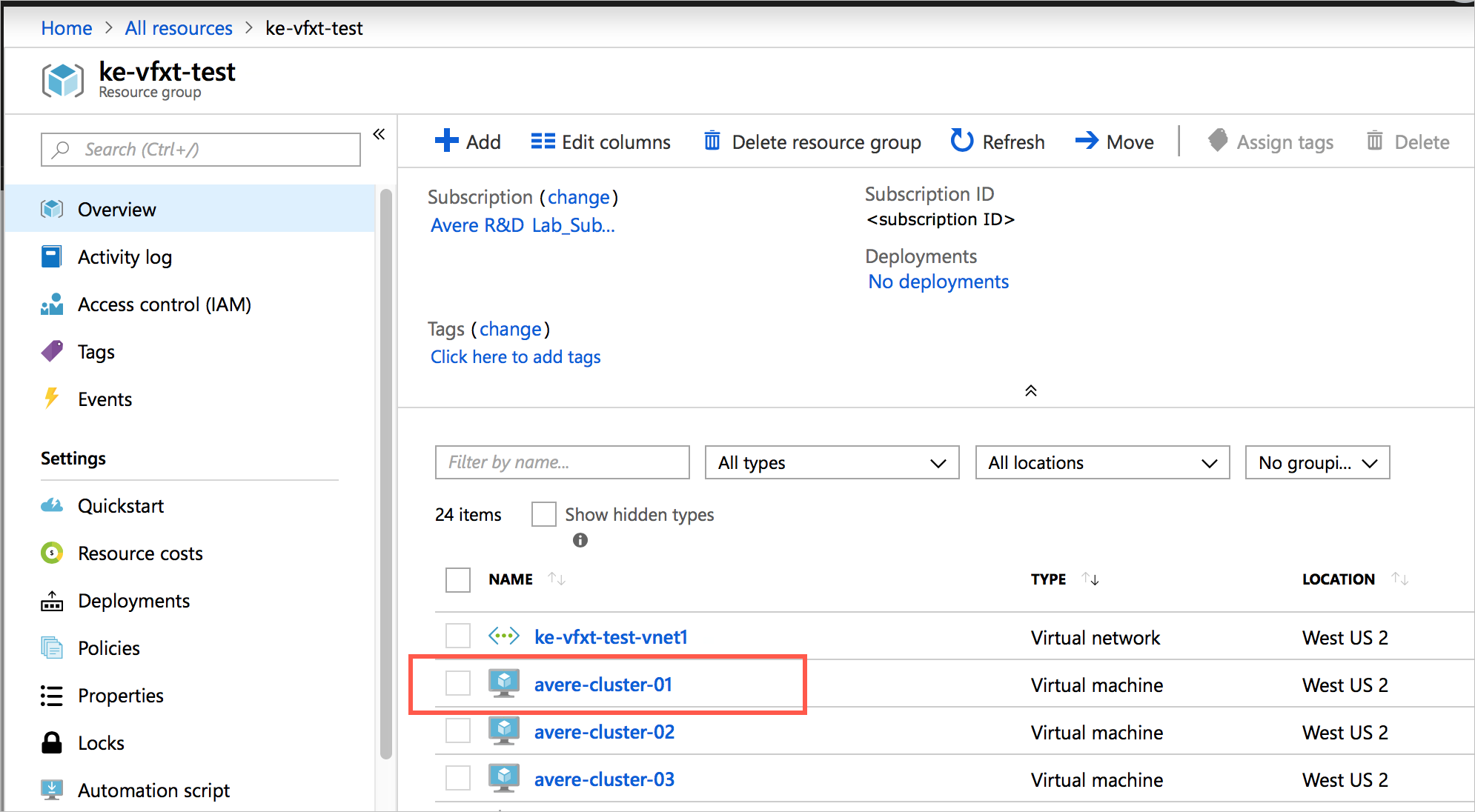 screenshot of Azure portal resource group 