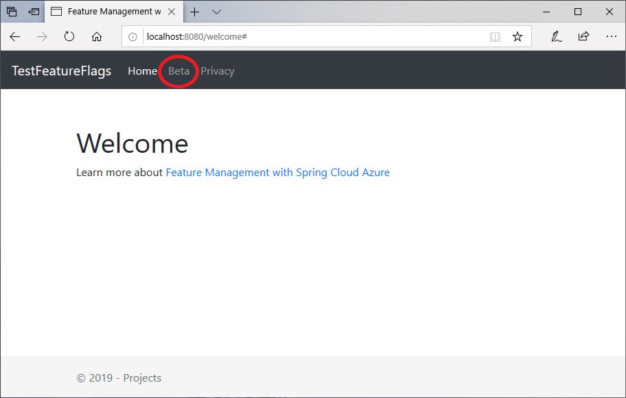 A captura de tela mostra uma janela do navegador com uma mensagem de boas-vindas e um link Beta chamado.