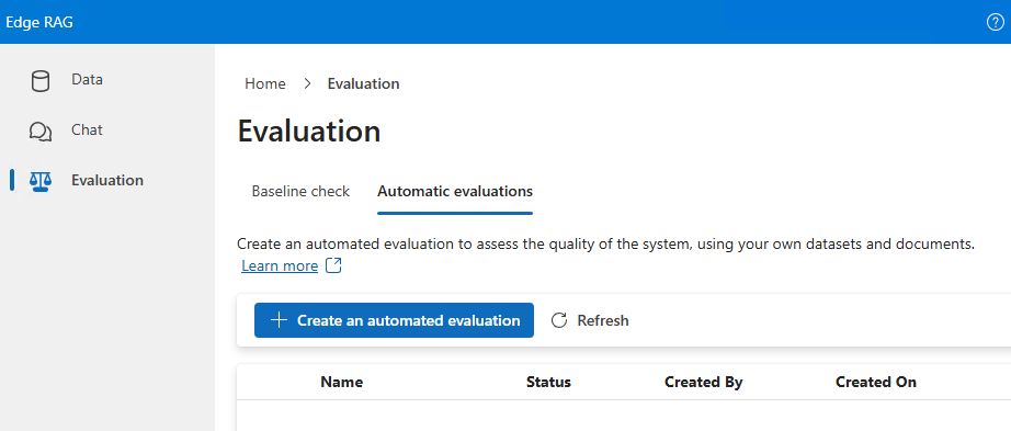 Captura de tela da guia Avaliação Automática no portal do desenvolvedor com opções para criar avaliações.
