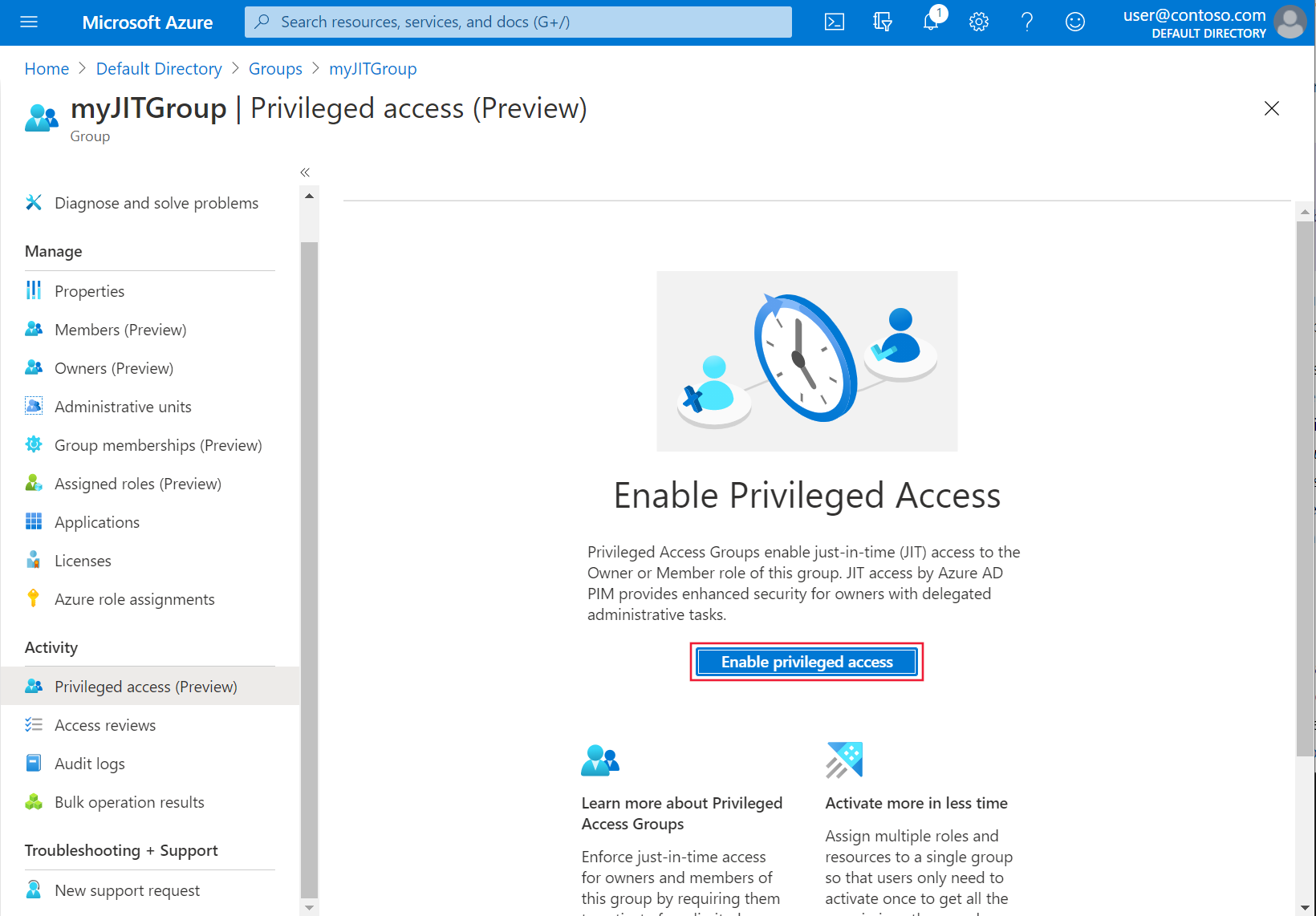 Captura de ecrã a mostrar seleções para ativar o acesso privilegiado no portal do Azure.