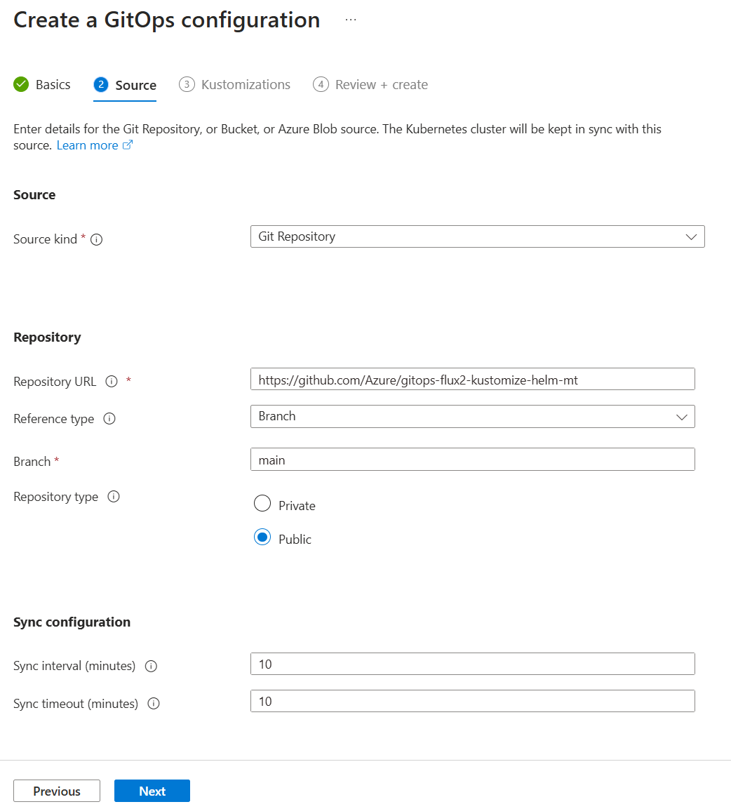 Screenshow mostrando as opções de origem para uma configuração do GitOps no portal do Azure.