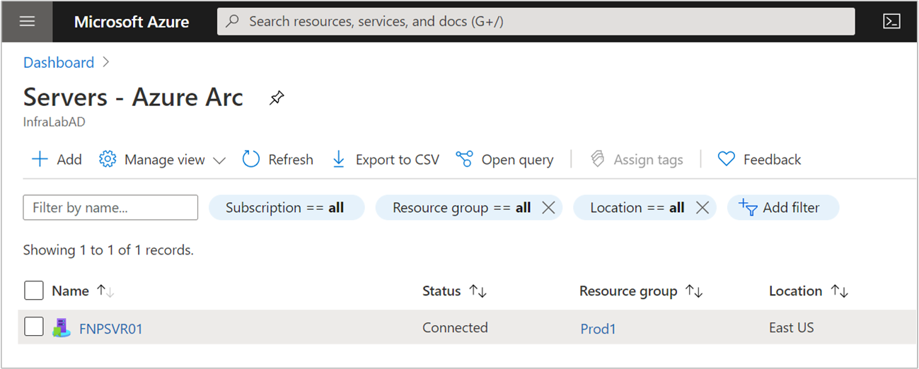 Captura de tela do portal do Azure mostrando a integração bem-sucedida de servidores habilitados para Arco do Azure.
