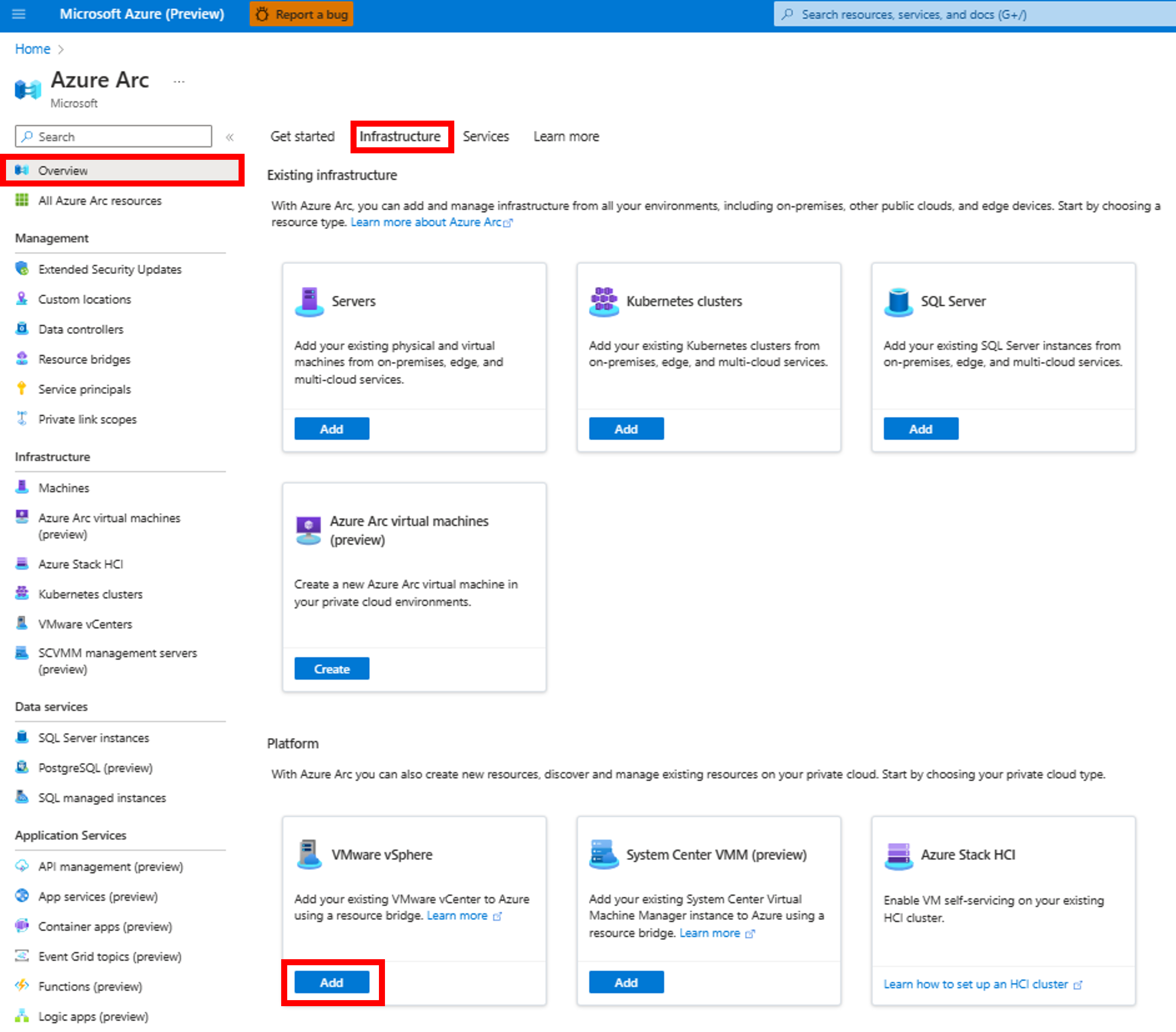 Captura de ecrã que mostra como adicionar o VMware vCenter através do Azure Arc.