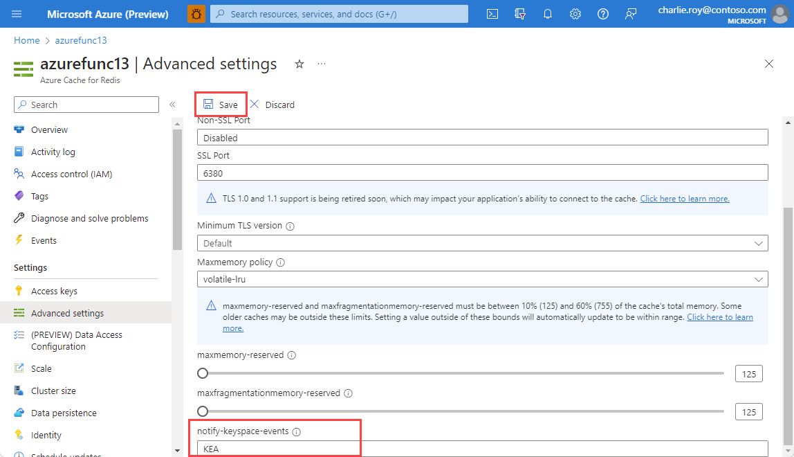 Captura de ecrã das definições avançadas para a Cache Redis do Azure no portal.