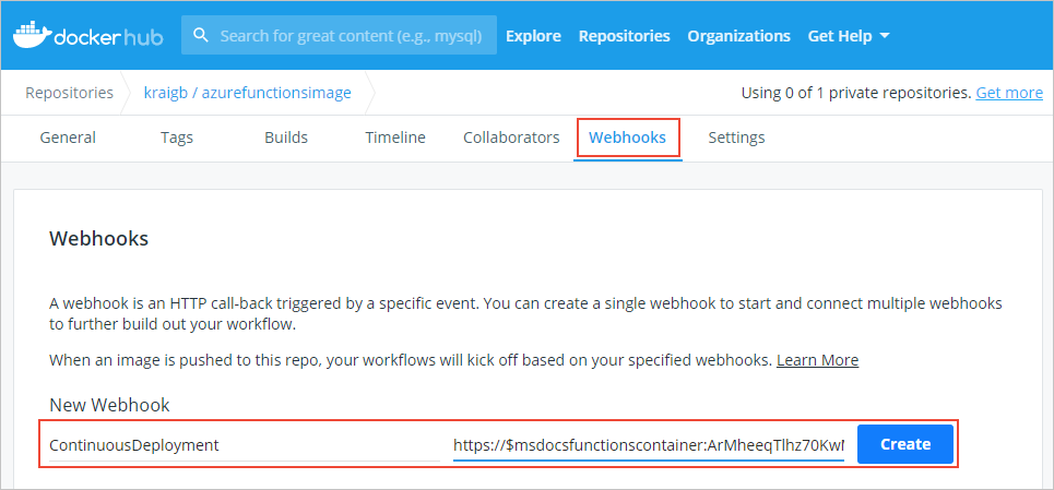 Captura de tela mostrando como adicionar o webhook na janela do Docker Hub.
