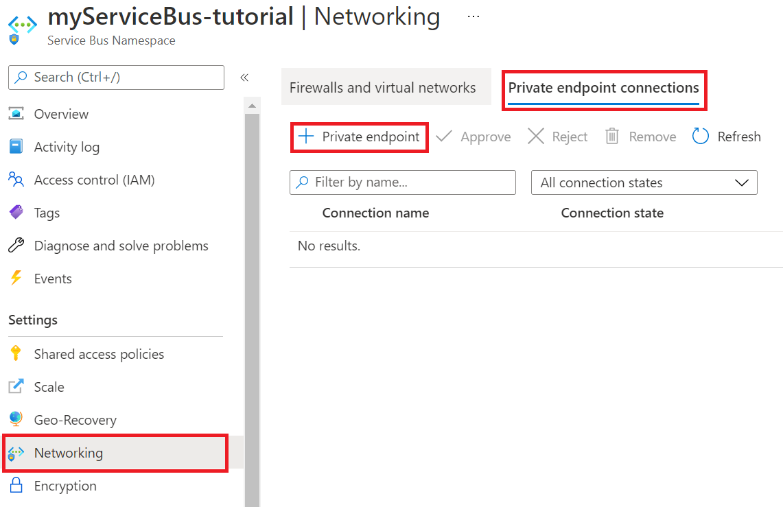 Captura de ecrã a mostrar como aceder a pontos finais privados do Service Bus.