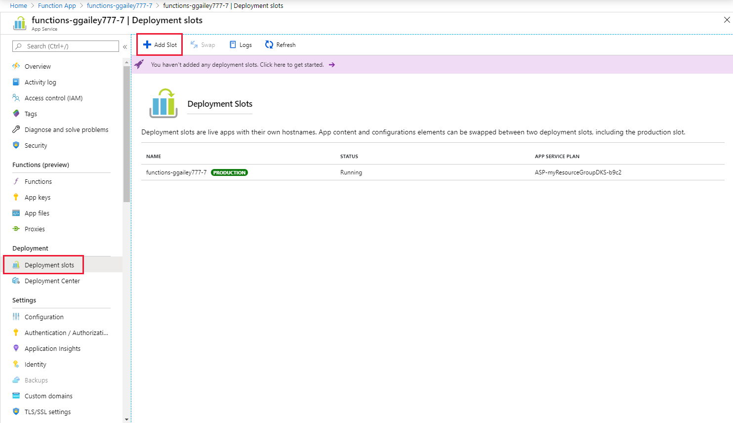 A captura de tela mostra a adição de um slot de implantação do Azure Functions.