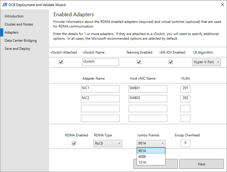 A página Adaptadores do assistente de configuração Validate-DCB