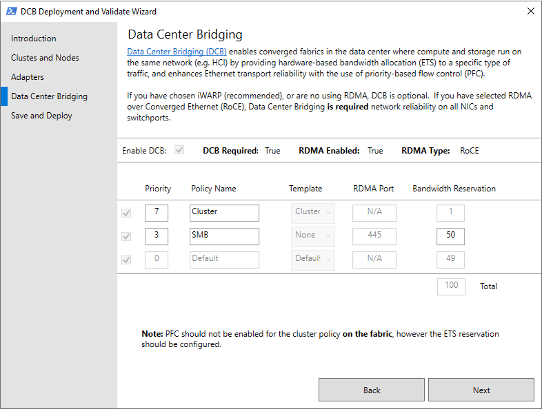 A página Ponte de Data Center do assistente de configuração Validate-DCB