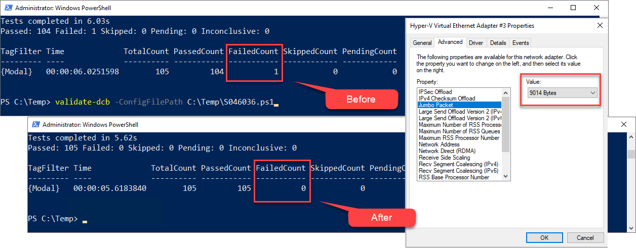 Resultados da verificação Validate-DCB confirmando que a configuração de pacote Jumbo do host do servidor foi corrigida