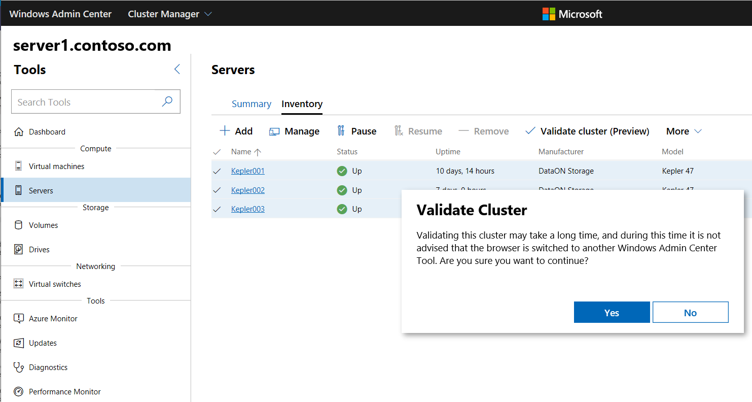 Janela pop-up Validar cluster