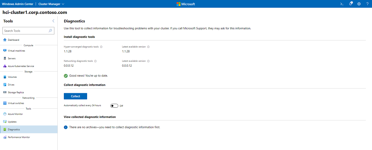 Clique em Coletar para coletar dados de diagnóstico.