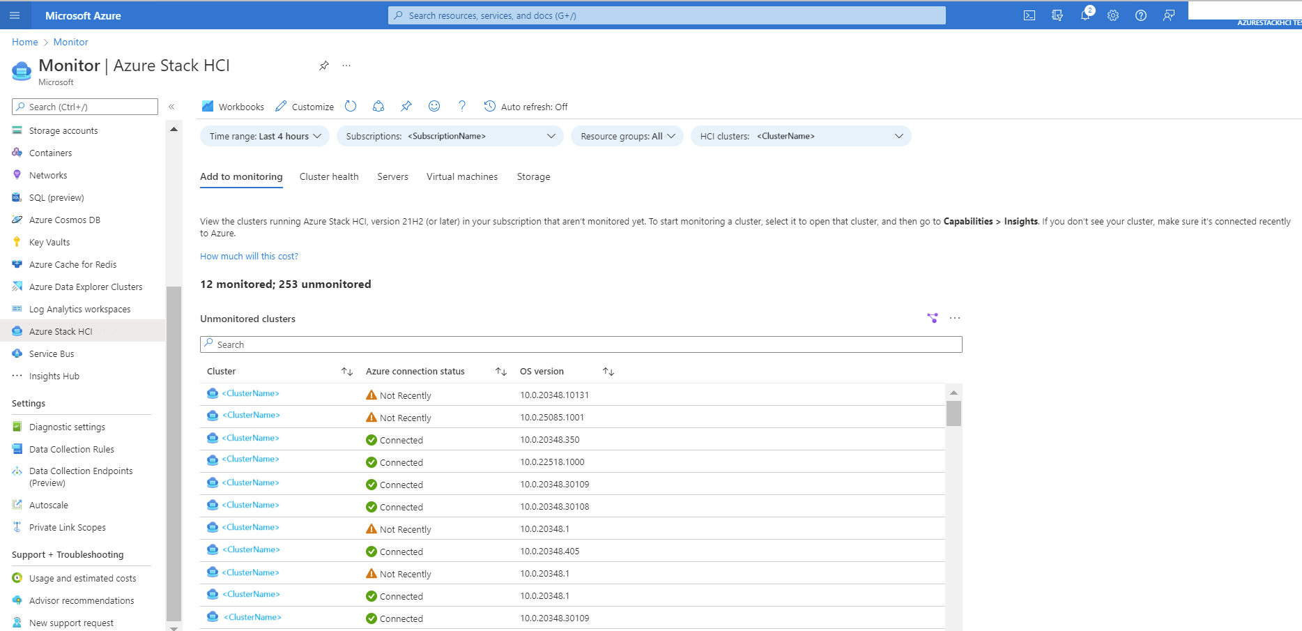Captura de tela para selecionar o cluster para monitoramento.