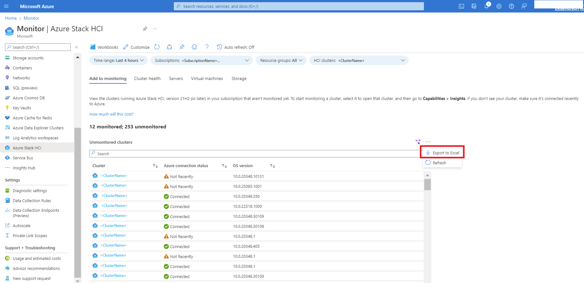 Captura de tela mostrando o link para exportar para o Excel.