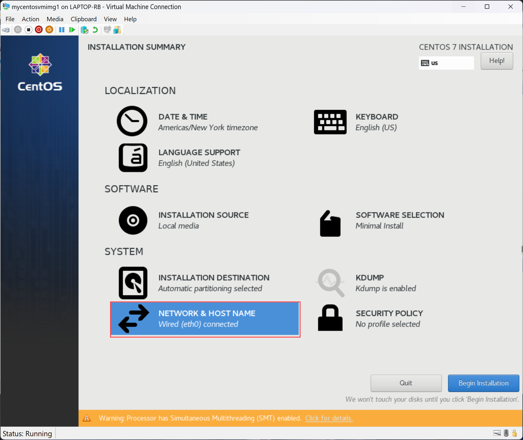 Captura de tela que mostra a seleção da rede e do nome do host durante a instalação do CentOS.