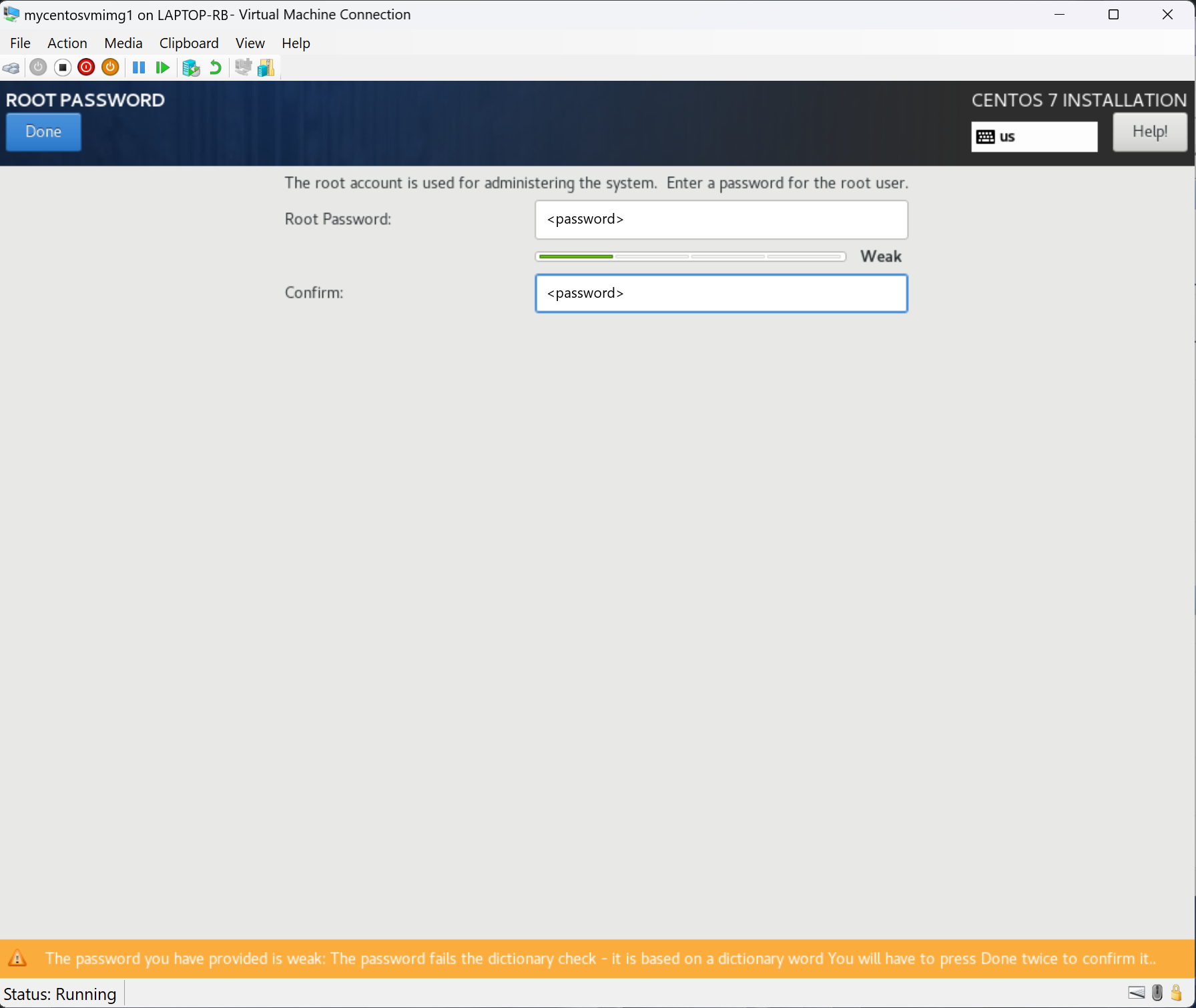 Captura de tela que mostra a configuração da senha de root durante a instalação do CentOS.