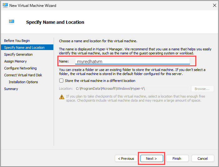 Captura de ecrã que mostra o Assistente de Nova Máquina Virtual na página Especificar Nome e Localização.