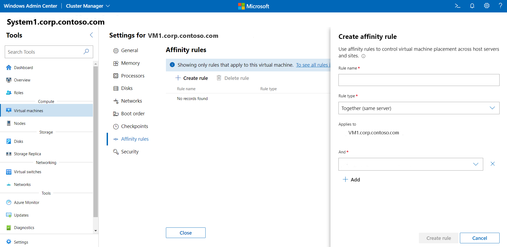 Tela de regra de afinidade de VM