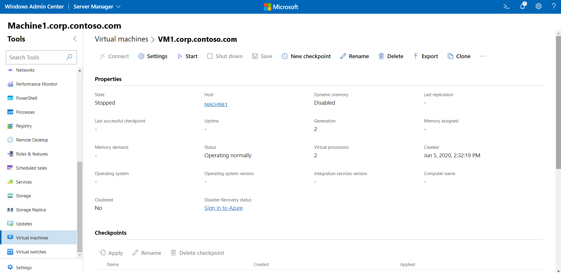 Tela de informações detalhadas de máquinas virtuais
