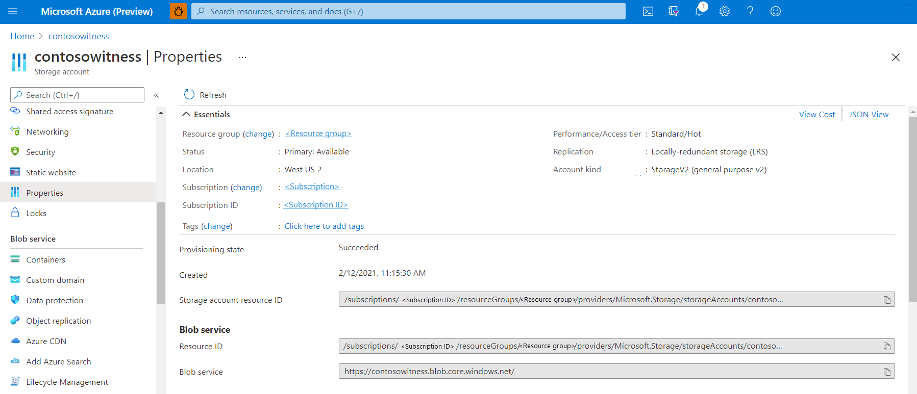 Ponto de extremidade de blob do Azure