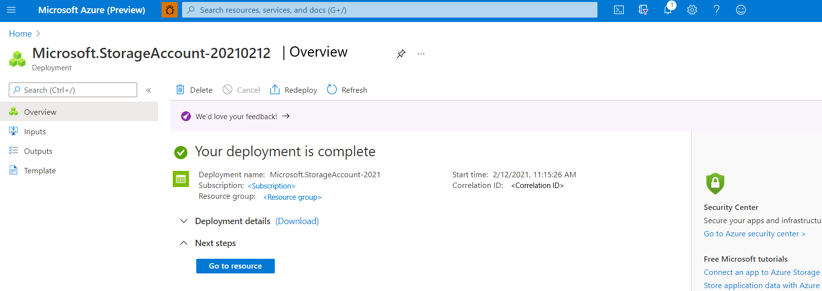 Implantação da conta de armazenamento do Azure