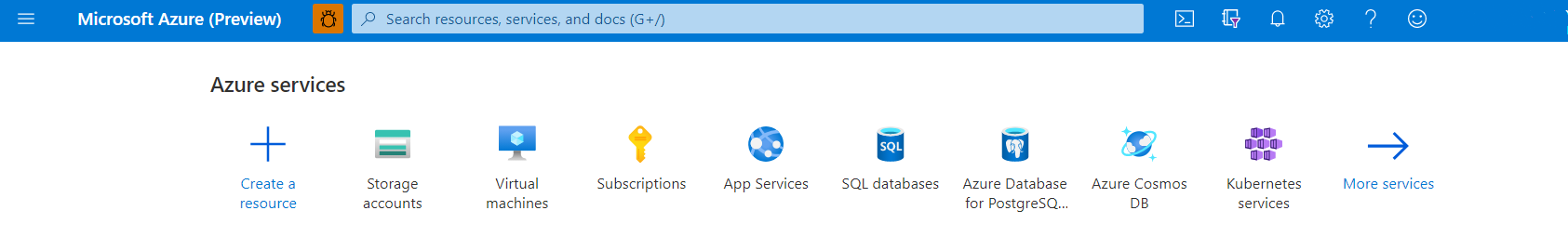 Tela inicial do portal do Azure