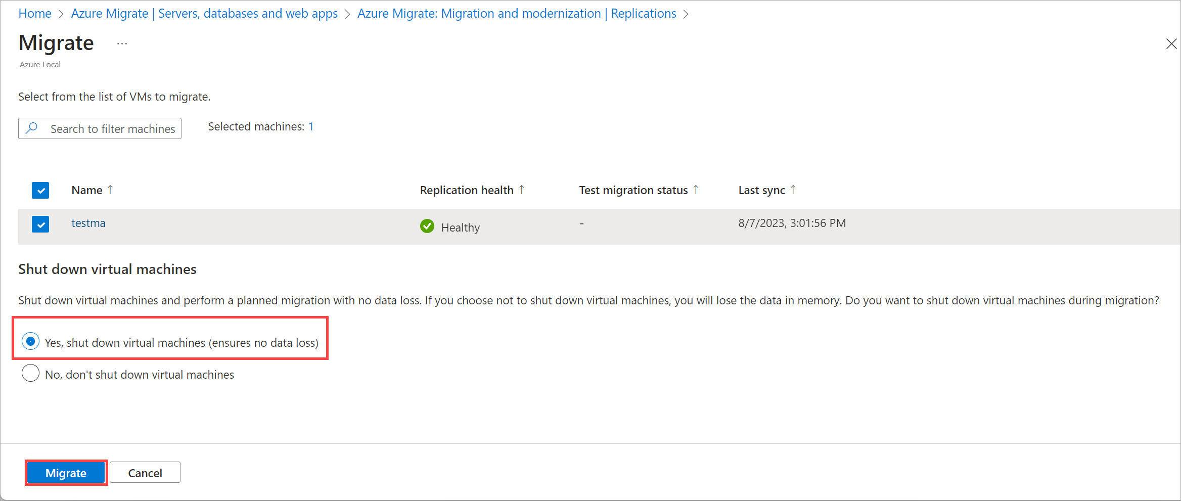 Captura de ecrã da página Migrar com menu de contexto no portal do Azure.
