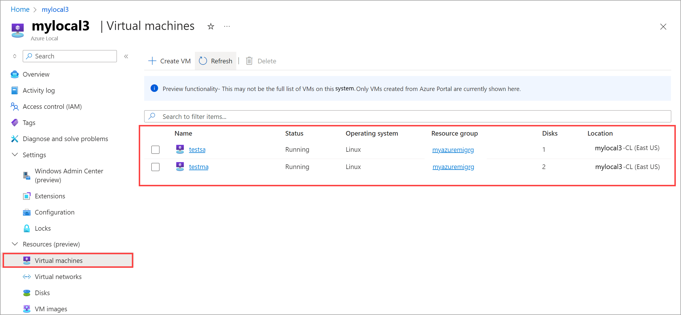 Captura de ecrã das máquinas virtuais locais > do Azure no portal do Azure.