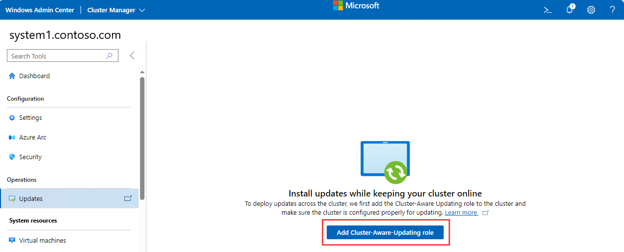 Captura de tela do Windows Admin Center configurando automaticamente o sistema para executar a Atualização com Suporte a Cluster.
