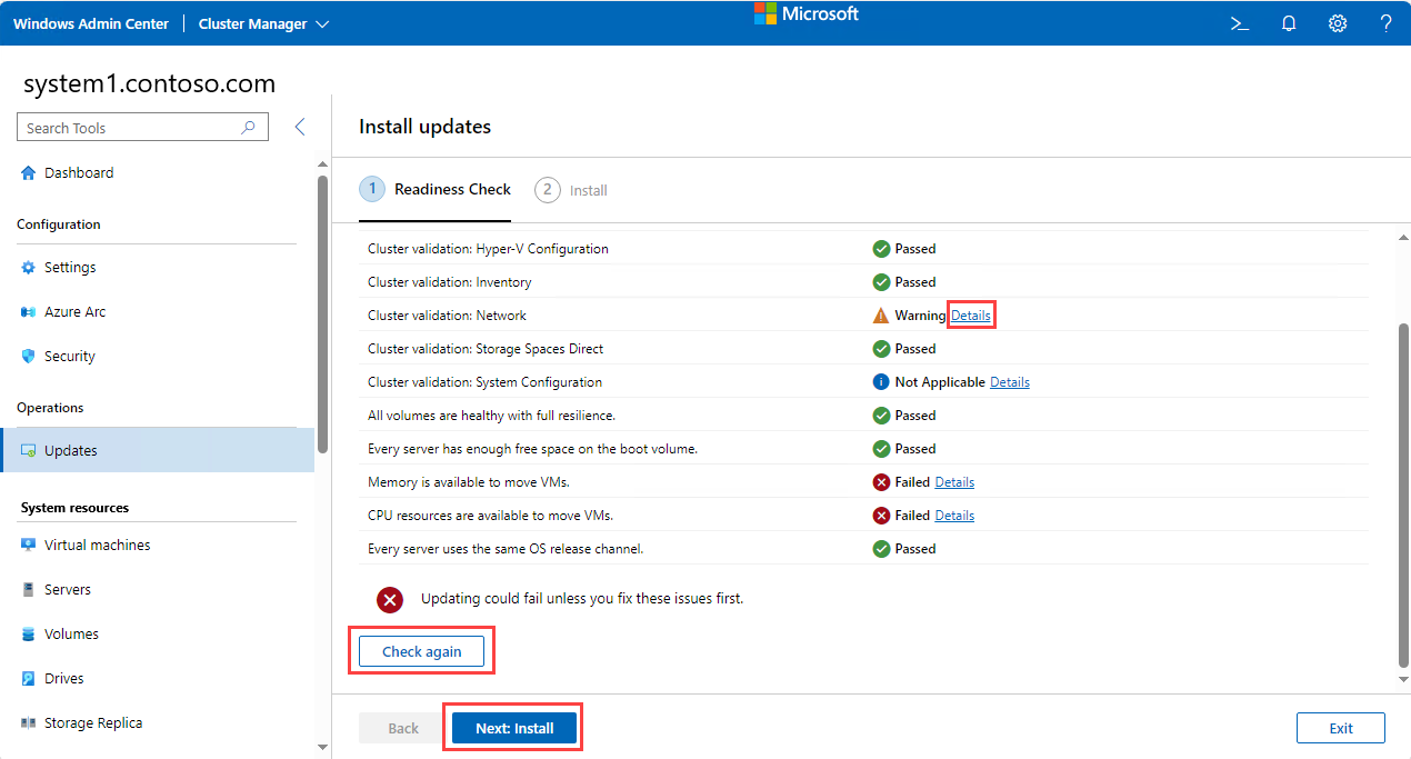 Captura de ecrã da verificação de prontidão durante a instalação de atualizações.