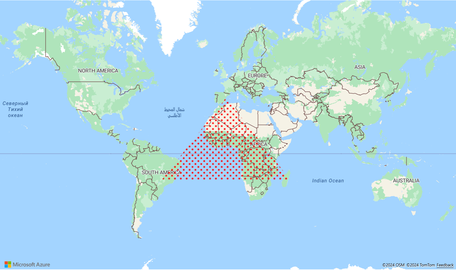 Captura de tela mostrando um mapa exibindo uma camada de polígono usando o modelo de imagem de ponto com uma cor primária vermelha e uma cor secundária transparente.