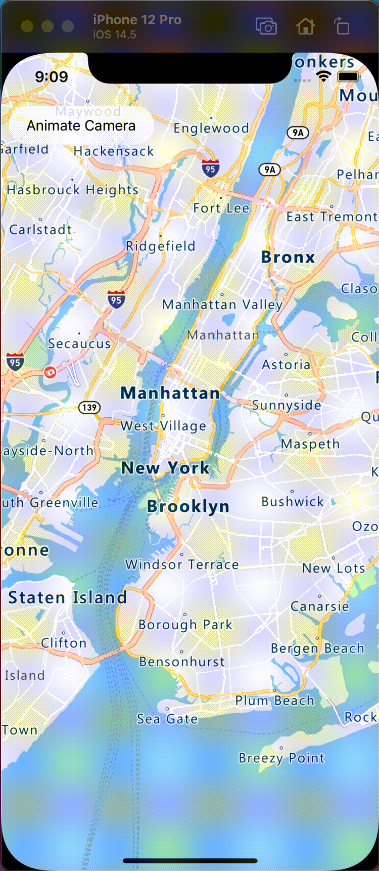 Mapa animando a câmera de Nova York para Seattle.
