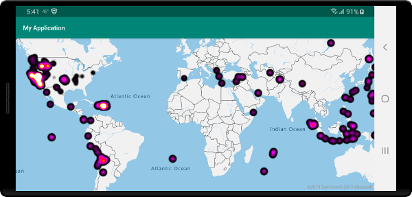 Mapa com camada de mapa de calor personalizada de terremotos recentes
