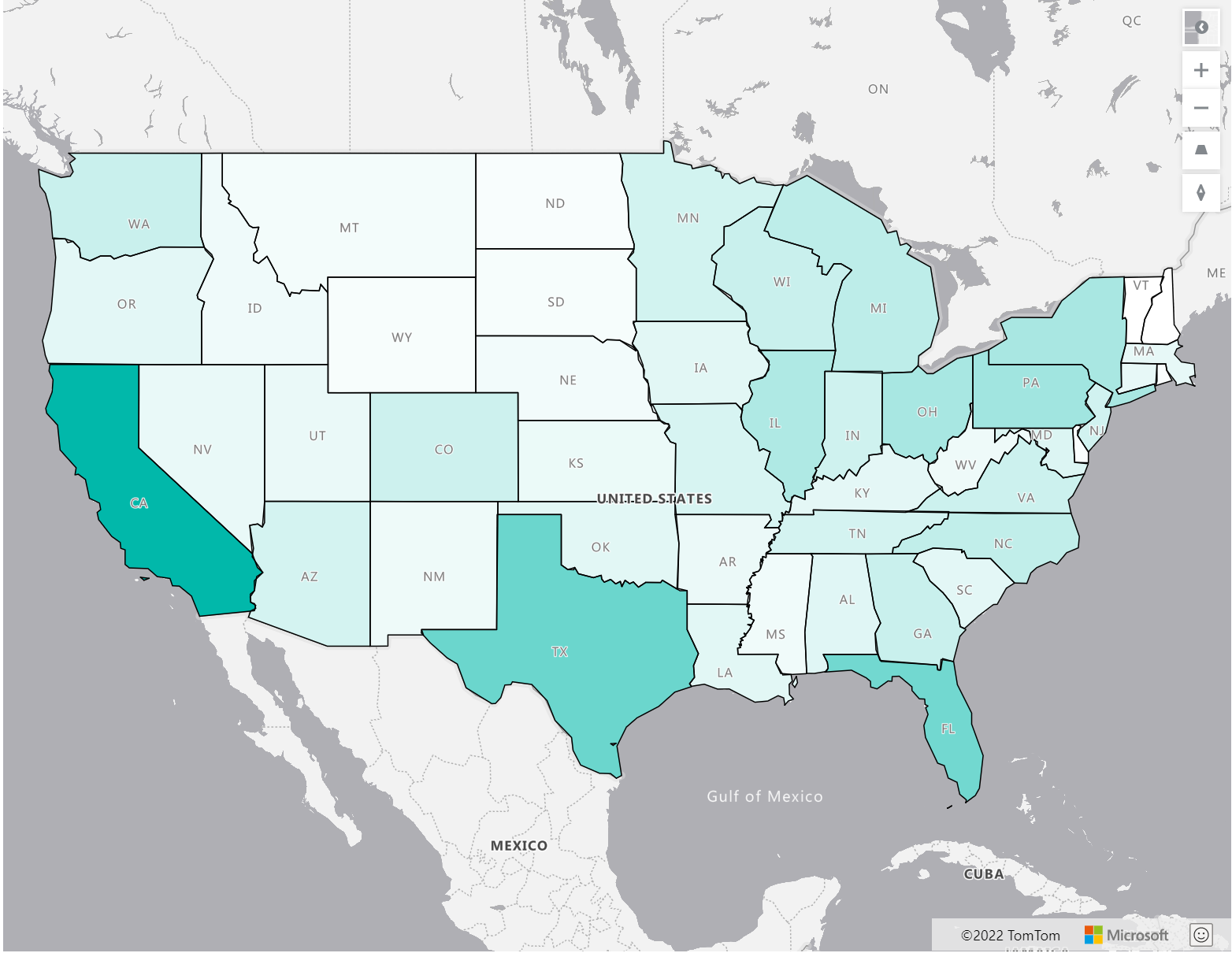 Uma imagem mostrando um mapa da América com estados coloridos em graus variados dependendo da quantidade de vendas alcançadas em cada um.