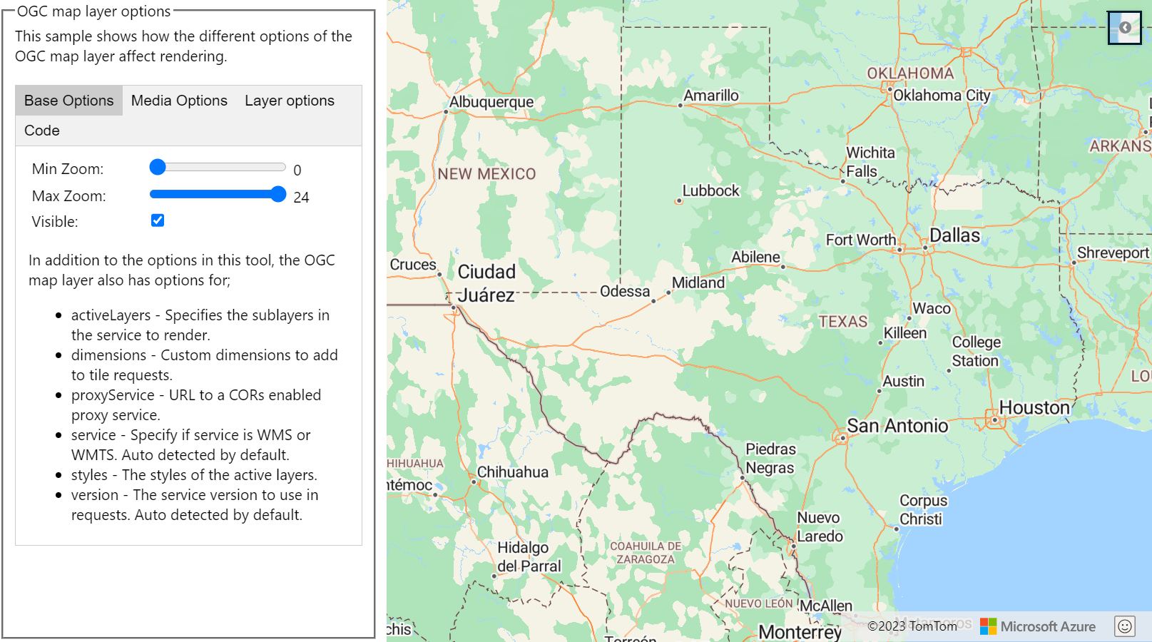 Uma captura de ecrã que mostra um mapa juntamente com as opções de camada de mapa do OGC.