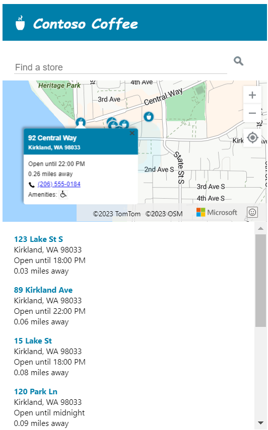 Screenshot of the small-screen version of the store locator