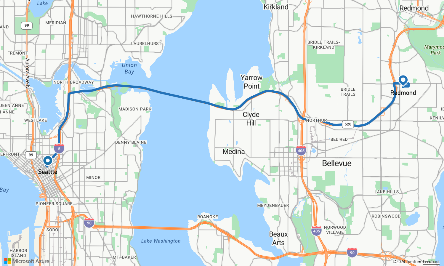Uma captura de tela mostrando um mapa que demonstra o controle de Mapa do Azure e o serviço Rota.