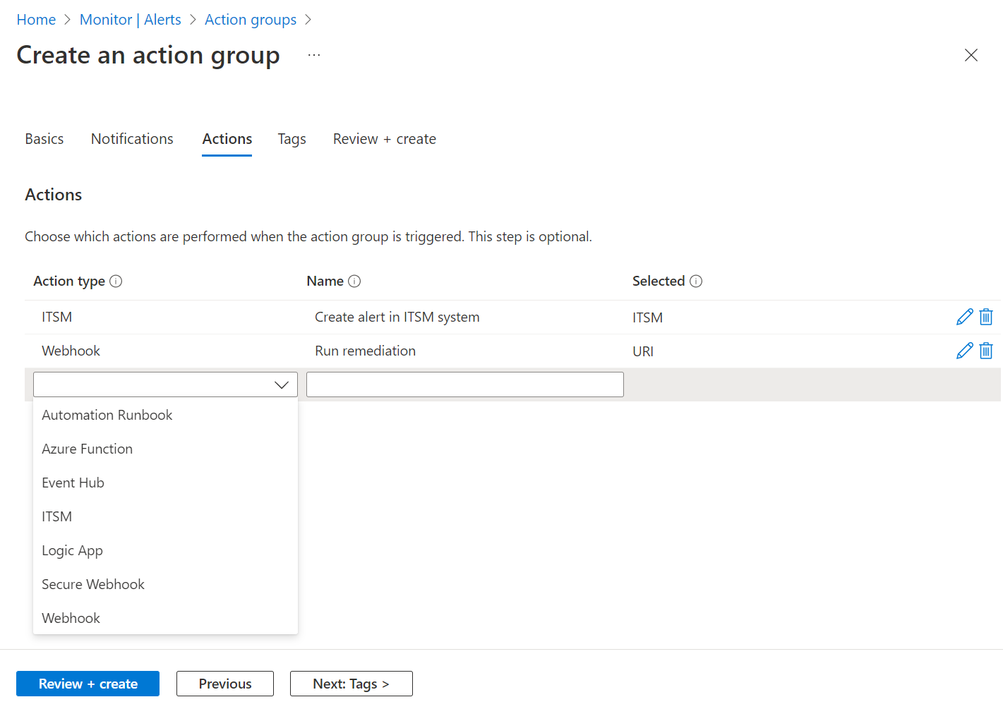 Screenshot do separador Ações da caixa de diálogo do grupo de ação Create. Várias opções são visíveis na lista de tipos de Ação.
