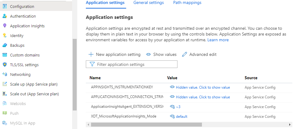 Captura de tela das Configurações do Aplicativo do Serviço de Aplicativo com as configurações disponíveis do Application Insights.