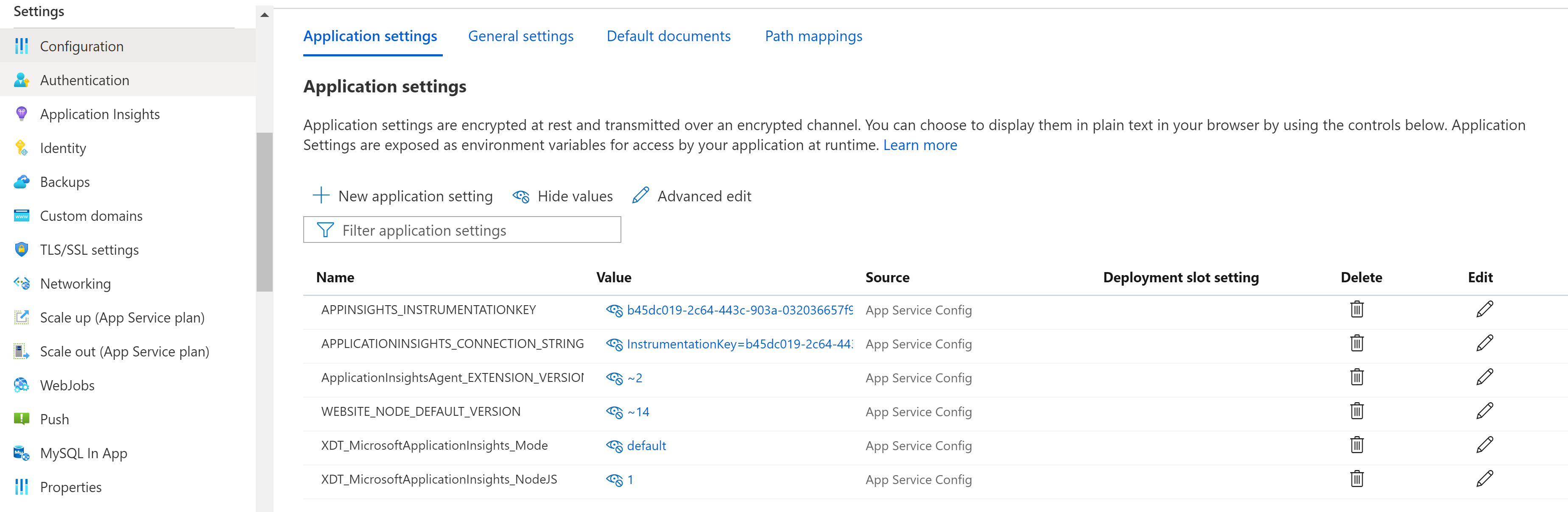 Captura de tela das Configurações do Aplicativo do Serviço de Aplicativo com as configurações disponíveis do Application Insights.
