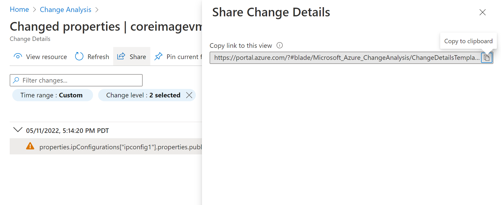 Captura de tela mostrando a seleção do botão de compartilhamento no painel e copiando o link.
