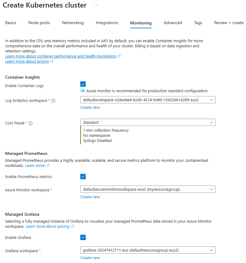 Captura de ecrã do separador integrações para o novo cluster AKS.