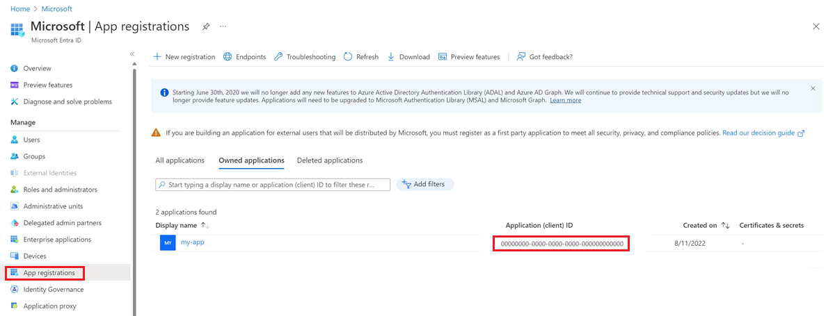 Captura de tela que mostra a ID do aplicativo ou cliente de um aplicativo Microsoft Entra.